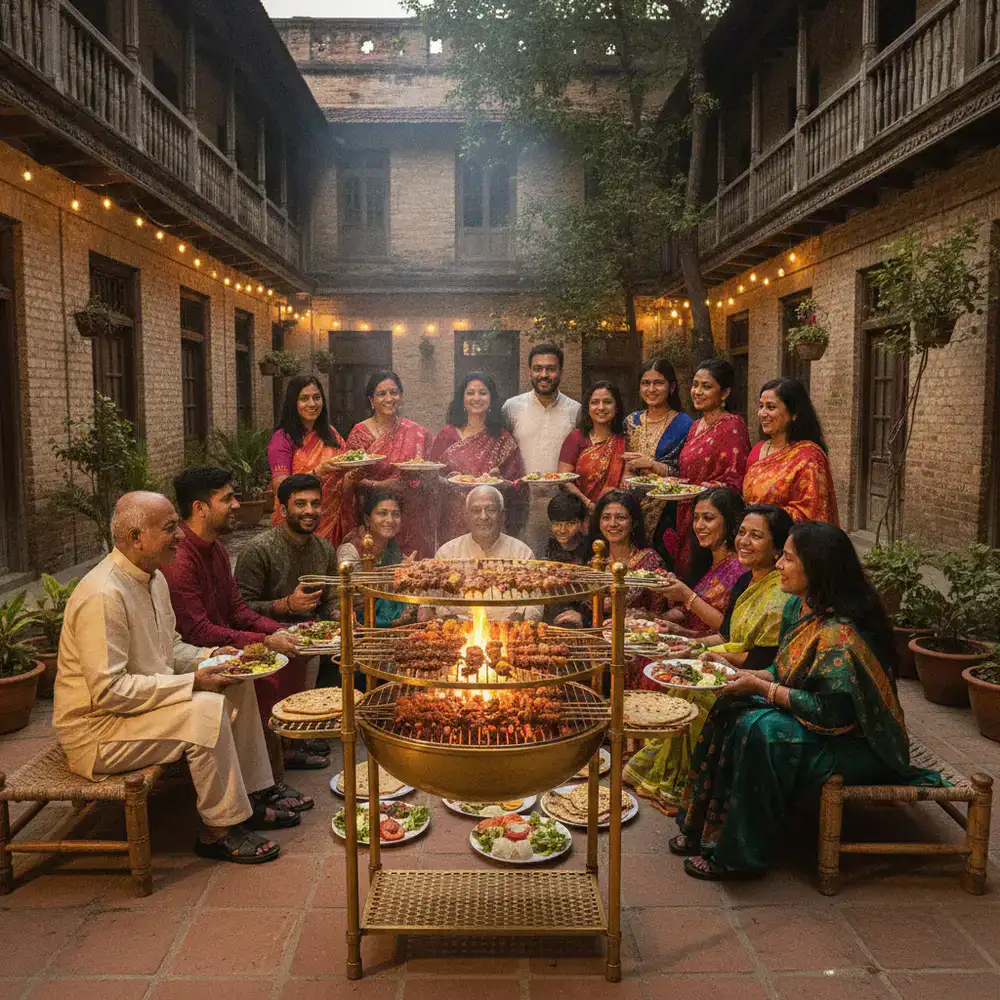 A large family gathering around a Golden BBQ grill in a Dhaka courtyard, enjoying freshly cooked meats.