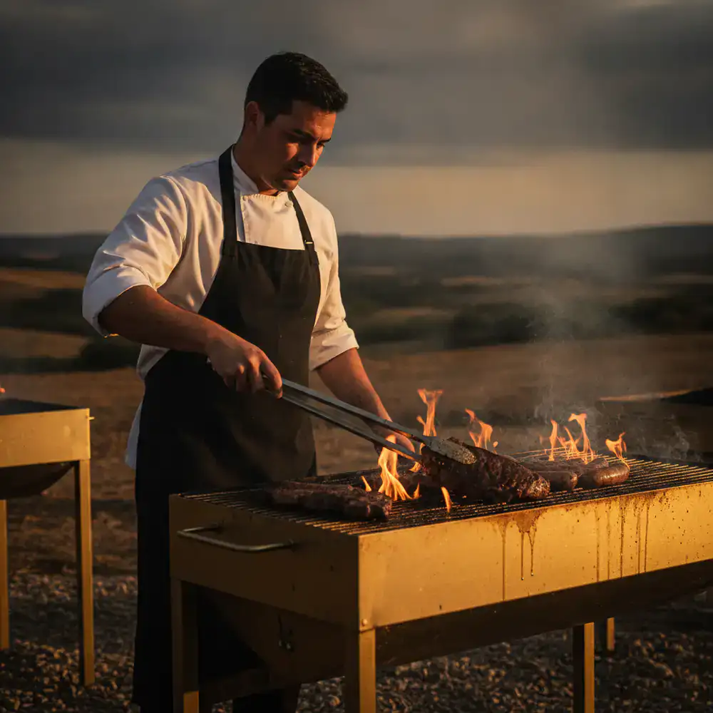 Chef actively grilling meat outdoors on a Golden BBQ grill