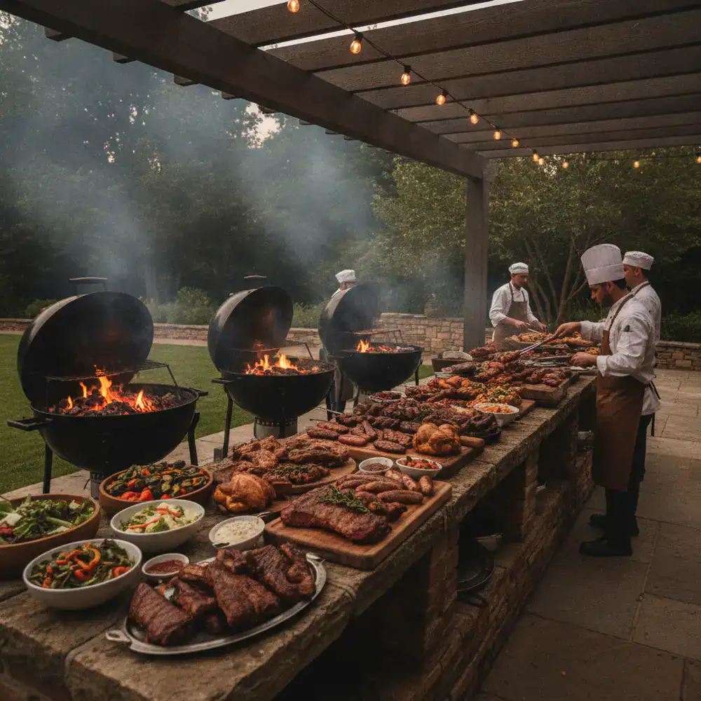 Large outdoor BBQ station with food