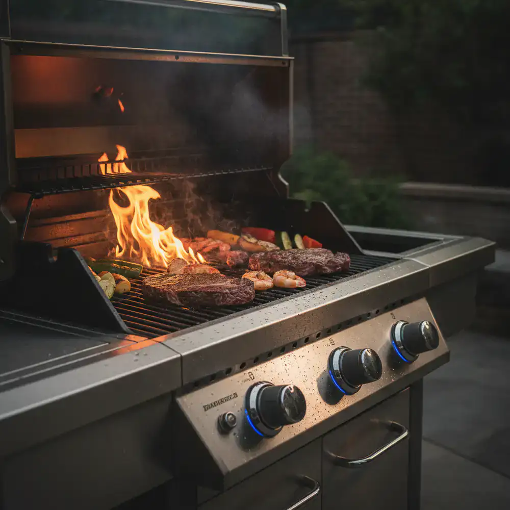 Heavy-duty stainless steel gas grill with sizzling food