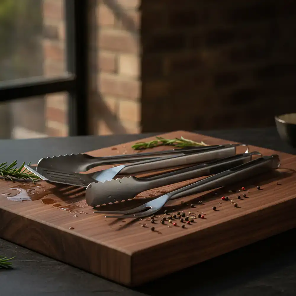 Professional stainless steel grilling utensils placed on a cutting board