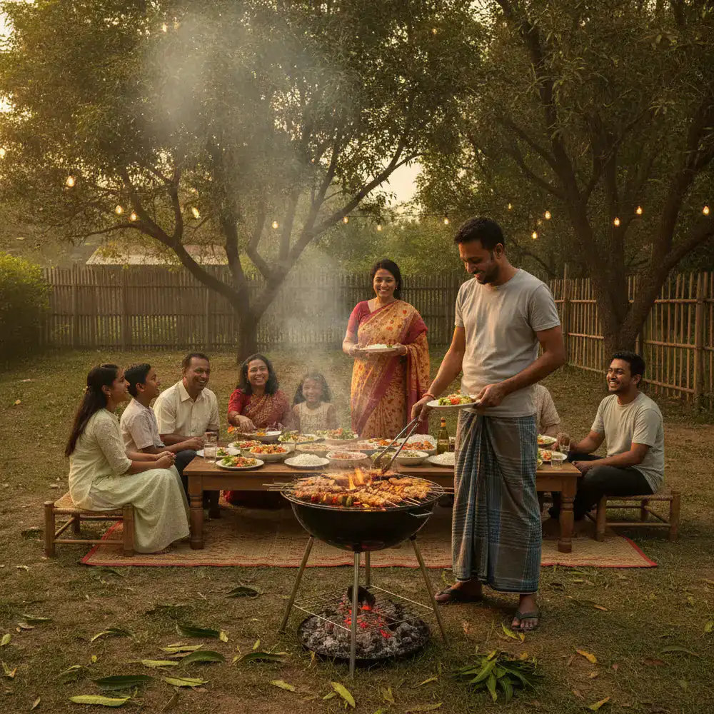 A family enjoying a backyard barbecue gathering in Bangladesh, grilling fresh food