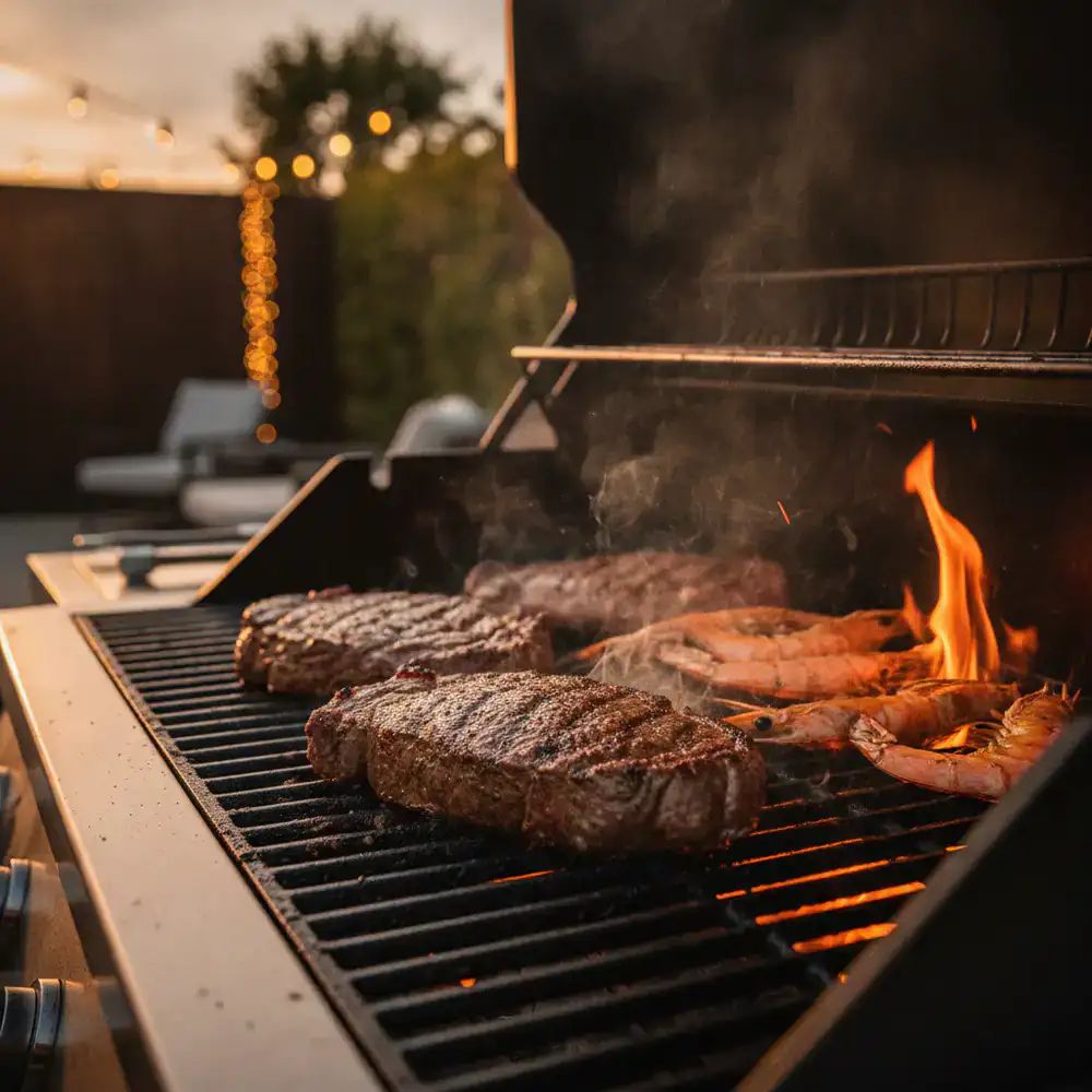 Sizzling food cooking on a premium outdoor grill