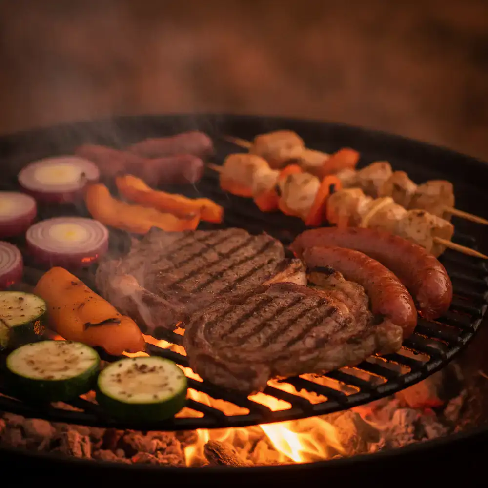 Delicious grilled meats and vegetables cooking over an open flame